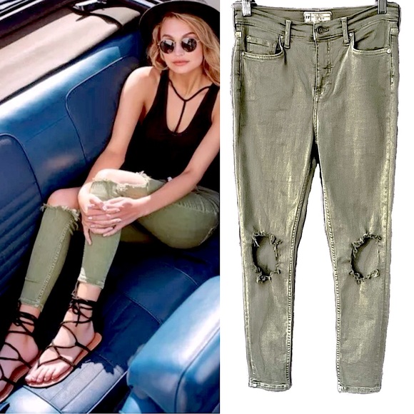 Free People Mid Rise Busted Distressed Olive Green Ankle Length Skinny Jeans, 29 - Picture 1 of 12